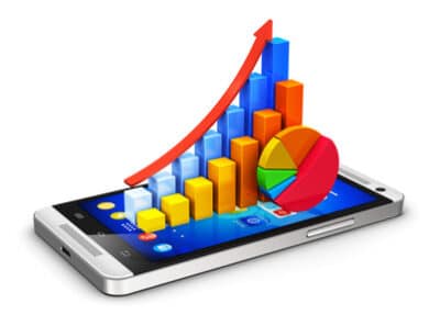 Creative abstract business finance statistics and corporate analytics internet web concept: color bar graphs and pie chart on modern black glossy touchscreen smartphone or mobile phone isolated on white background